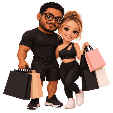 Casal ilustrado carregando sacolas de compras